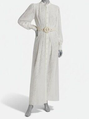 Hemant & Nandita Women's White Anvi Jacquard Belted Maxi Shirt Dress Size M